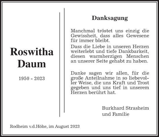 Traueranzeige von Roswitha Daum von Wetterauer Zeitung
