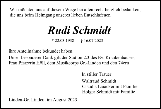 Traueranzeige von Rudi Schmidt von Giessener Allgemeine, Alsfelder Allgemeine, Giessener Anzeiger