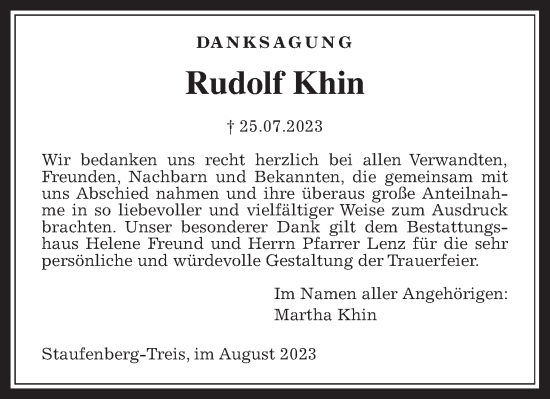 Traueranzeige von Rudolf Khin von Giessener Allgemeine, Alsfelder Allgemeine, Wetterauer Zeitung