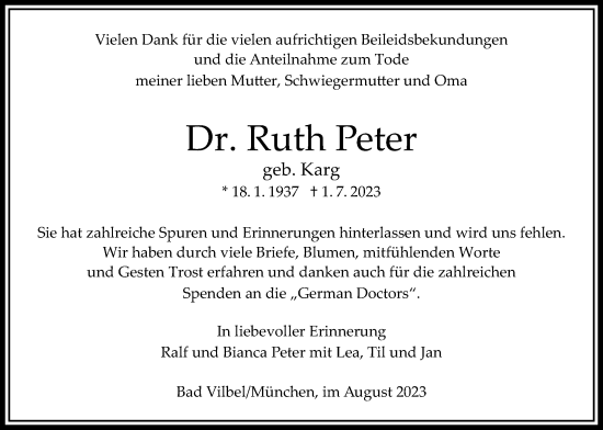 Traueranzeige von Ruth Peter von Bad Vilbel/Karben