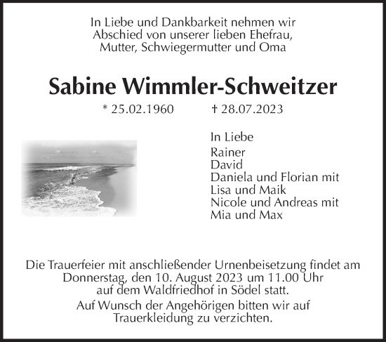 Traueranzeige von Sabine Wimmler-Schweitzer von Wetterauer Zeitung