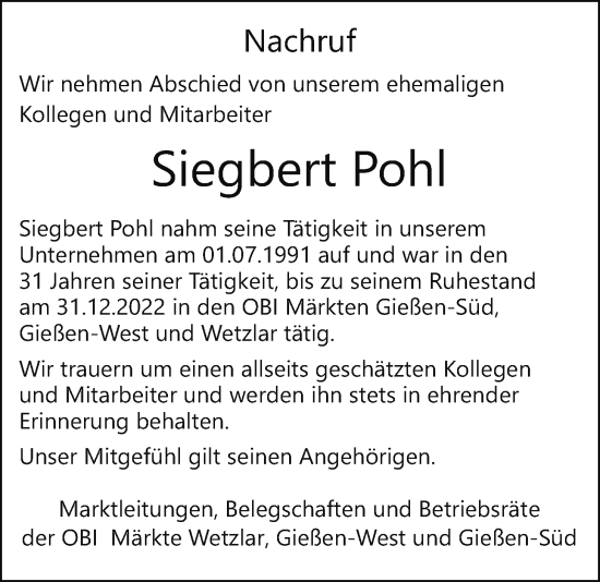 Traueranzeige von Siegbert Pohl von Giessener Anzeiger, Giessener Allgemeine, Alsfelder Allgemeine
