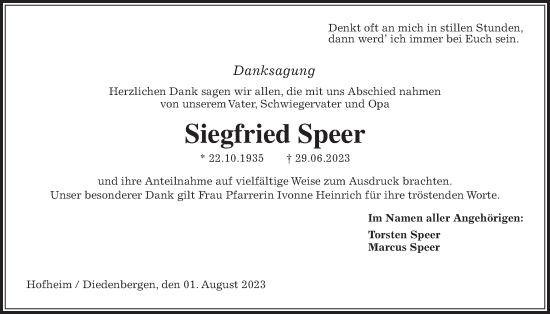 Traueranzeige von Siegfried Speer 