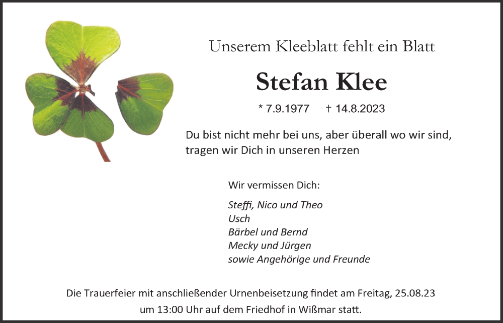  Traueranzeige für Stefan Klee vom 19.08.2023 aus Giessener Allgemeine, Alsfelder Allgemeine, Giessener Anzeiger