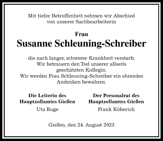 Traueranzeige von Susanne Schleuning-Schreiber von Alsfelder Allgemeine