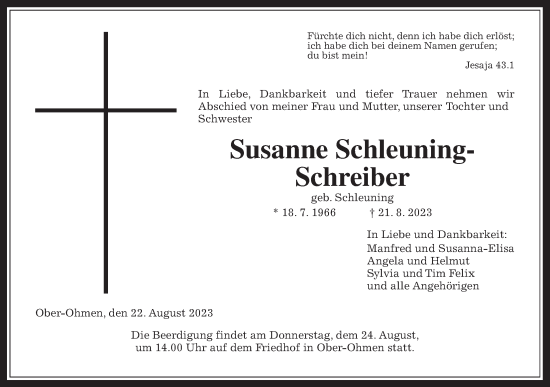 Traueranzeige von Susanne Schleuning-Schreiber von Alsfelder Allgemeine, Mücker Stimme