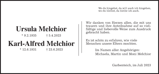 Traueranzeige von Ursula Melchior von Giessener Anzeiger, Giessener Allgemeine, Alsfelder Allgemeine, Pohlheimer Nachrichten