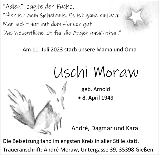 Traueranzeige von Ursula Moraw von Giessener Anzeiger, Pohlheimer Nachrichten