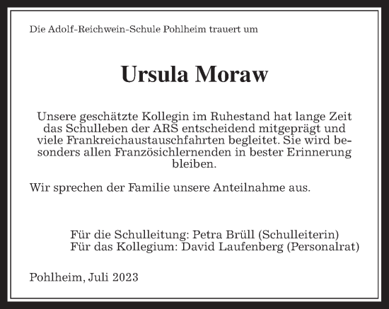 Traueranzeige von Ursula Moraw von Giessener Allgemeine, Alsfelder Allgemeine