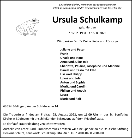 Traueranzeige von Ursula Schulkamp von Kreis-Anzeiger