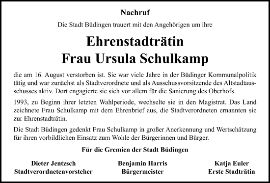 Traueranzeige von Ursula Schulkamp von Kreis-Anzeiger
