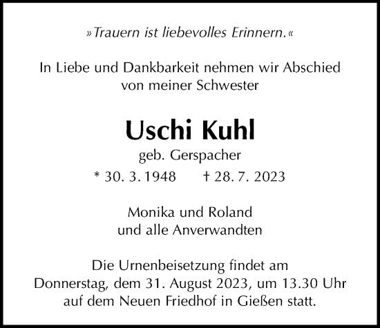Traueranzeige von Uschi Kuhl von Giessener Allgemeine, Alsfelder Allgemeine