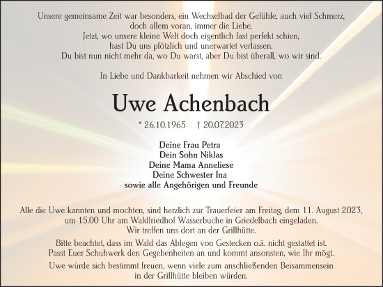 Traueranzeige von Uwe Achenbach von Giessener Allgemeine, Alsfelder Allgemeine, Giessener Anzeiger