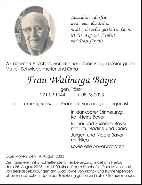 Traueranzeige von Walburga Bayer von Wetterauer Zeitung