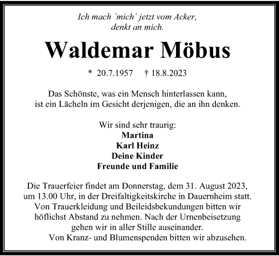 Traueranzeige von Waldemar Möbus von Kreis-Anzeiger