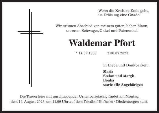 Traueranzeige von Waldemar Pfort 