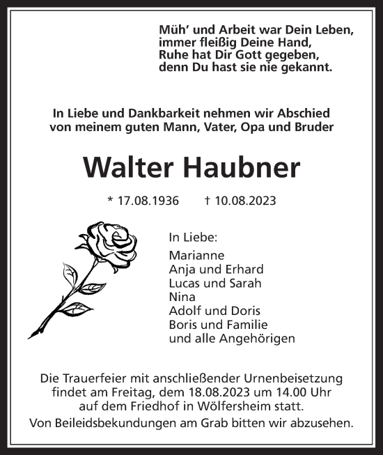 Traueranzeige von Walter Haubner von Wetterauer Zeitung
