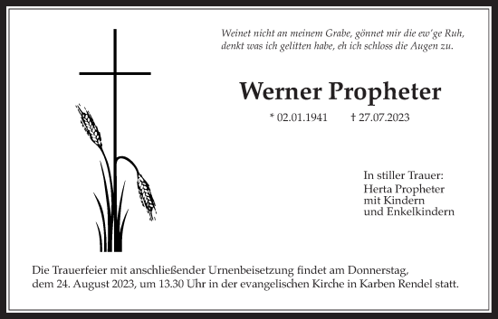 Traueranzeige von Werner Propheter von Bad Vilbel/Karben