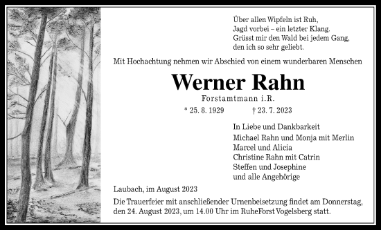 Traueranzeige von Werner Rahn von Laubacher Anzeiger, Giessener Allgemeine, Alsfelder Allgemeine, Giessener Anzeiger