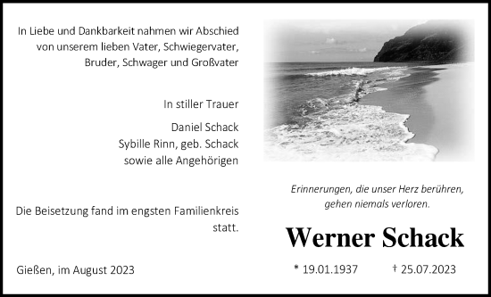 Traueranzeige von Werner Schack von Giessener Allgemeine, Alsfelder Allgemeine