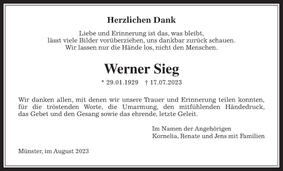 Traueranzeige von Werner Sieg von Giessener Allgemeine, Alsfelder Allgemeine, Laubacher Anzeiger