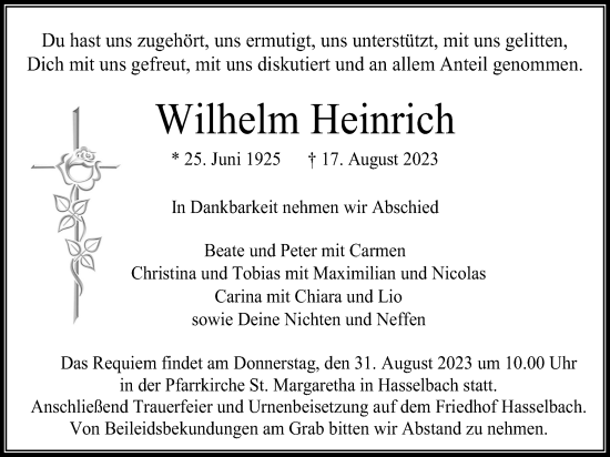Traueranzeige von Wilhelm Heinrich von Usinger Anzeiger