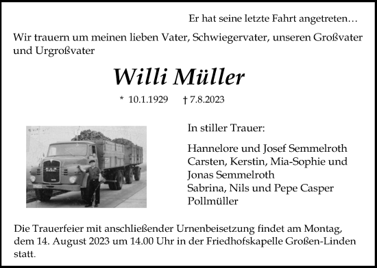 Traueranzeige von Willi Müller von Giessener Anzeiger, Giessener Allgemeine, Alsfelder Allgemeine