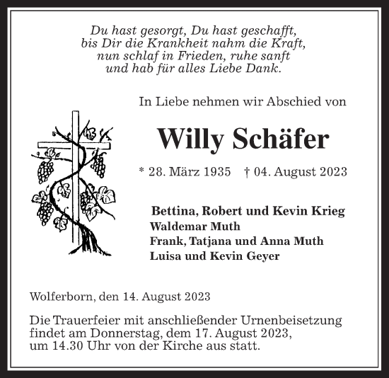 Traueranzeige von Willy Schäfer von Kreis-Anzeiger