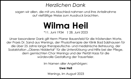 Traueranzeige von Wilma Heil von Kreis-Anzeiger