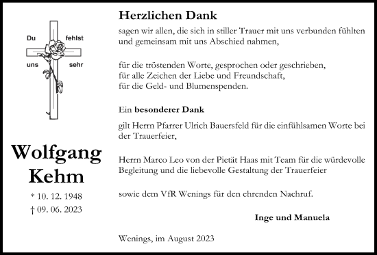 Traueranzeige von Wolfgang Kehm von Kreis-Anzeiger
