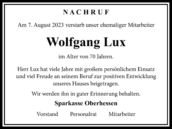 Traueranzeige von Wolfgang Lux von Wetterauer Zeitung