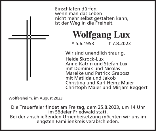 Traueranzeige von Wolfgang Lux von Wetterauer Zeitung