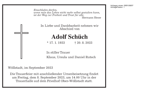 Traueranzeige von Adolf Schüch  