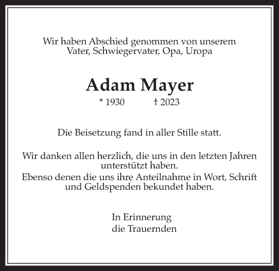 Traueranzeige von Adam Mayer von Wetterauer Zeitung