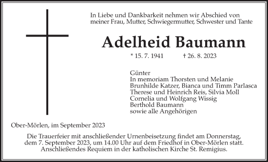 Traueranzeige von Adelheid Baumann von Wetterauer Zeitung