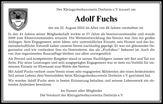 Traueranzeige von Adolf Fuchs von Wetterauer Zeitung