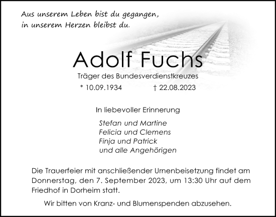 Traueranzeige von Adolf Fuchs von Wetterauer Zeitung