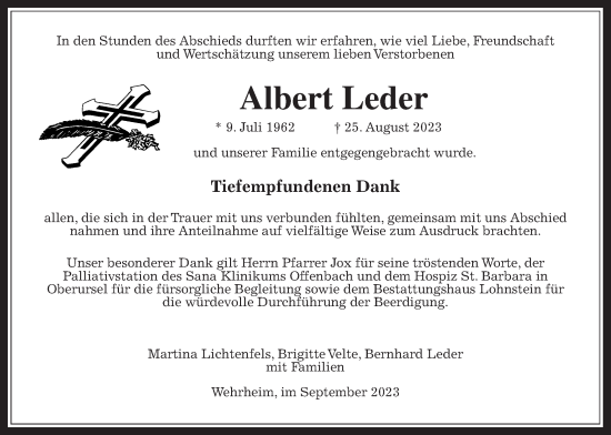 Traueranzeige von Albert Leder von Usinger Anzeiger