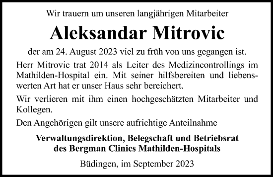 Traueranzeige von Aleksandar Mitrovic von Kreis-Anzeiger
