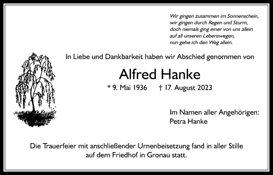 Traueranzeige von Alfred Hanke von Bad Vilbel/Karben