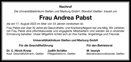 Traueranzeige von Andrea Pabst von Giessener Allgemeine, Alsfelder Allgemeine