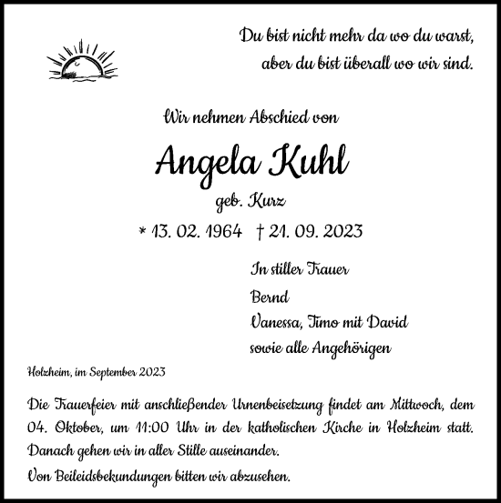 Traueranzeige von Angela Kuhl von Giessener Allgemeine, Alsfelder Allgemeine