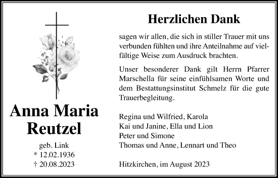 Traueranzeige von Anna Maria Reutzel von Kreis-Anzeiger