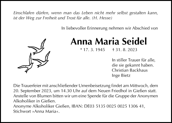 Traueranzeige von Anna Maria Seidel von Giessener Anzeiger, Giessener Allgemeine, Alsfelder Allgemeine