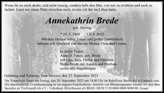 Traueranzeige von Annekathrin Brede von Giessener Allgemeine, Alsfelder Allgemeine
