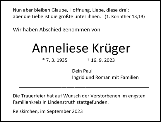 Traueranzeige von Anneliese Krüger von Giessener Allgemeine, Alsfelder Allgemeine