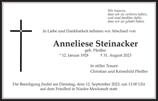 Traueranzeige von Anneliese Steinacker von Kreis-Anzeiger