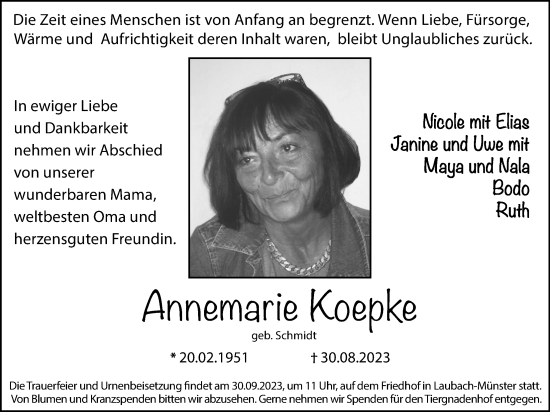Traueranzeige von Annemarie Koepke von Giessener Allgemeine, Alsfelder Allgemeine, Giessener Anzeiger, Laubacher Anzeiger