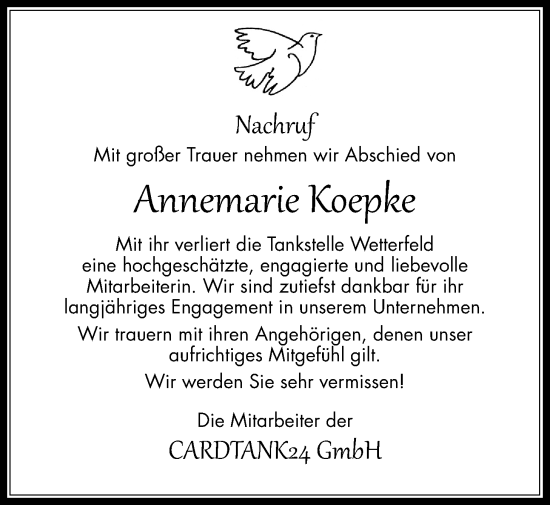 Traueranzeige von Annemarie Koepke von Laubacher Anzeiger