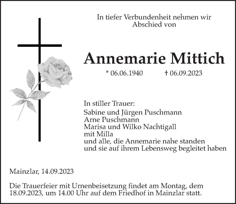  Traueranzeige für Annemarie Mittich vom 14.09.2023 aus Giessener Anzeiger, Giessener Allgemeine, Alsfelder Allgemeine